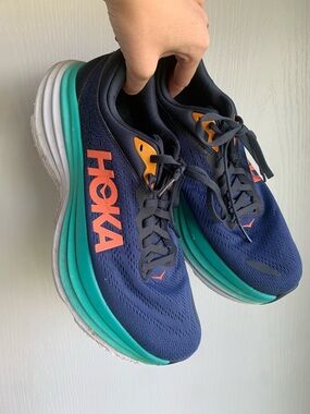 Hoka Women's Bondi 8 running shoes in the Outer Space/Bellwether Blue colorway